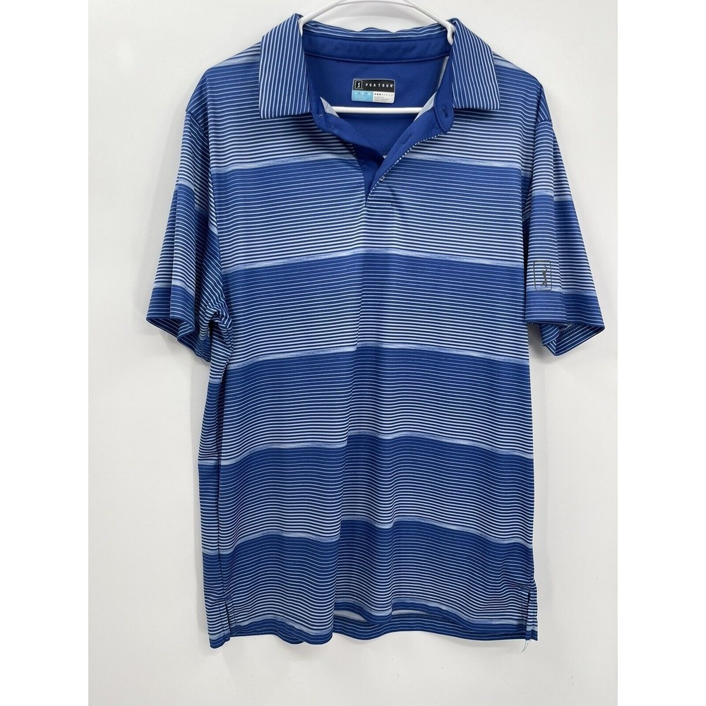 PGA TOUR Pro Series Mens Blue Striped‎ Athletic Fit Golf Polo Shirt Size L